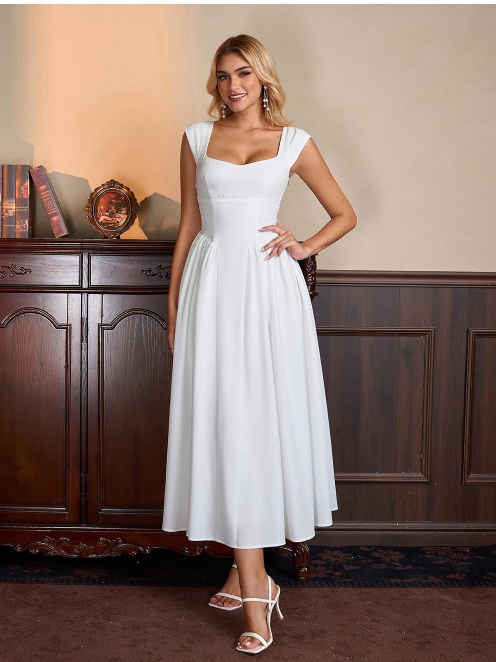 Elegant White Square Neck Midi Dress - M